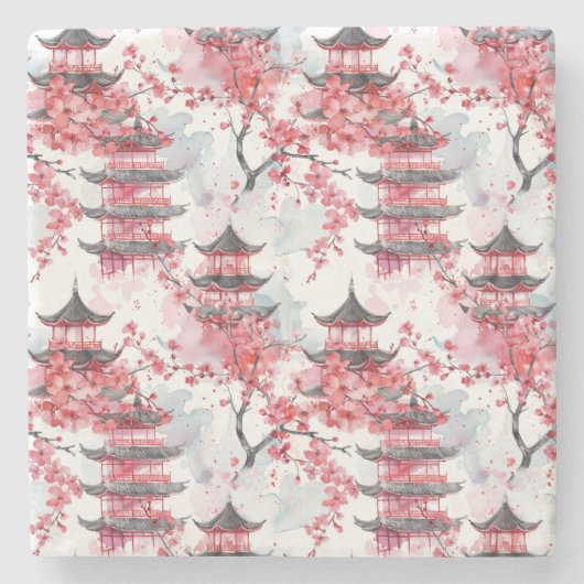 さくらんぼ中国のの花が咲いた水彩塔(2) ストーンコースター (正面)