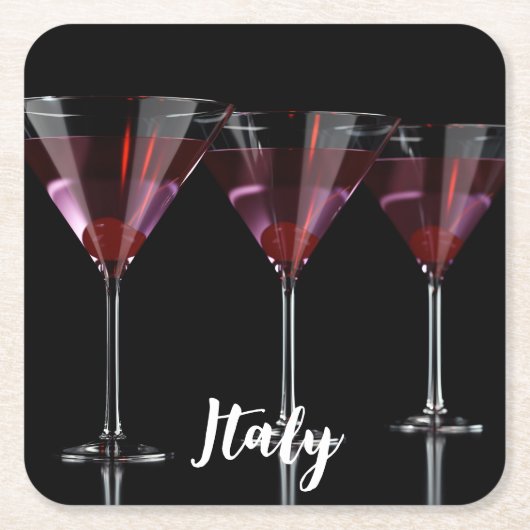 さくらんぼ付きマルティニガラスの赤いカクテル スクエアペーパーコースター (正面)