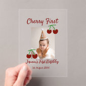 さくらんぼ初のハッピーバースデー写真キッズ赤モダン色 アクリル招待状 (インサイチュ (ポータブル))
