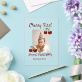 さくらんぼ初のハッピーバースデー写真キッズ赤モダン色 アクリル招待状 (インサイチュ (ウェディング))