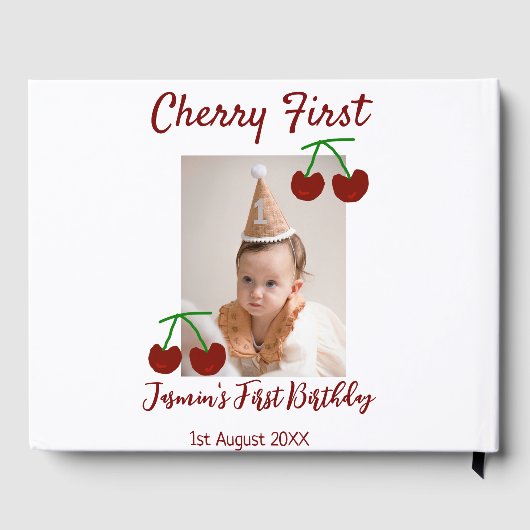 さくらんぼ初のハッピーバースデー写真キッズ赤モダン色 ゲストブック (裏面)