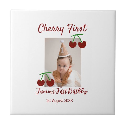 さくらんぼ初のハッピーバースデー写真キッズ赤モダン色 タイル (正面)