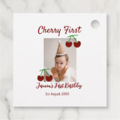 さくらんぼ初のハッピーバースデー写真キッズ赤モダン色 フェイバータグ (裏面)