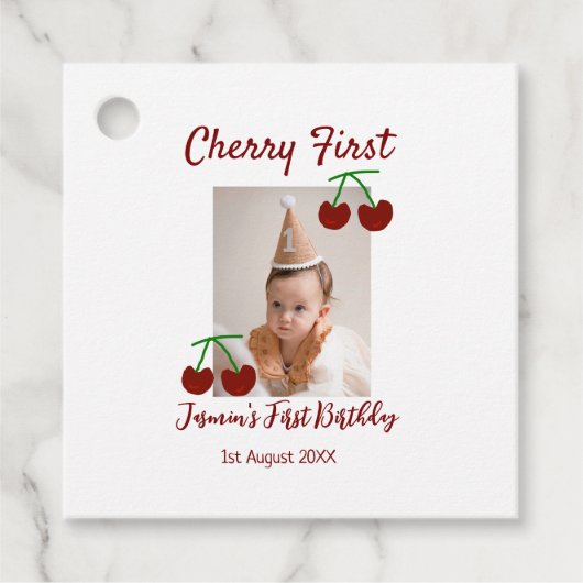 さくらんぼ初のハッピーバースデー写真キッズ赤モダン色 フェイバータグ (正面)
