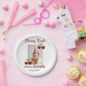 さくらんぼ初のハッピーバースデー写真キッズ赤モダン色 ペーパープレート (パーティー)