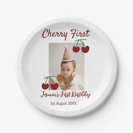さくらんぼ初のハッピーバースデー写真キッズ赤モダン色 ペーパープレート (正面)