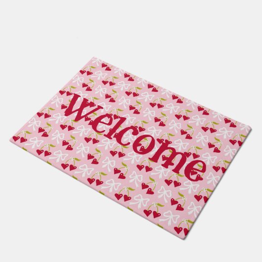 さくらんぼ名門私立校風のスイートピンクと赤10代の子供少女 ドアマット (アングル)