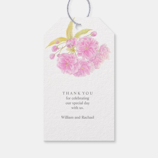 さくらんぼ咲きピンクの花の水色ギフトラベル ギフトタグ (裏面)