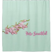 さくらんぼ咲きミント緑のドットこんにちは美しい！ シャワーカーテン (正面)