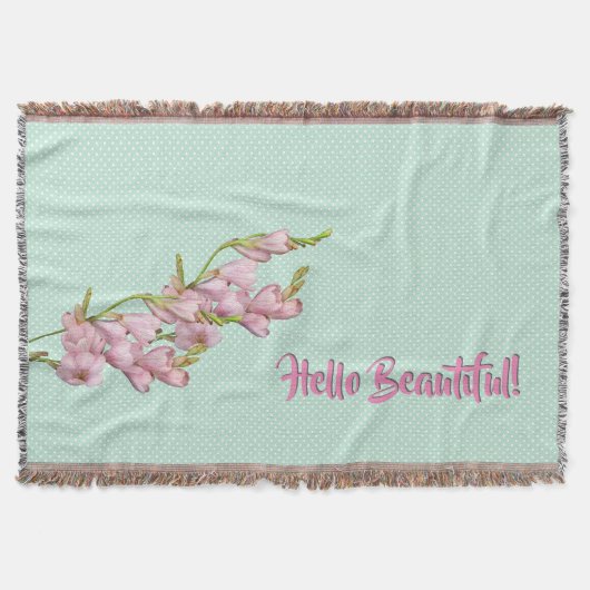 さくらんぼ咲きミント緑のドットこんにちは美しい！ スローブランケット (正面)