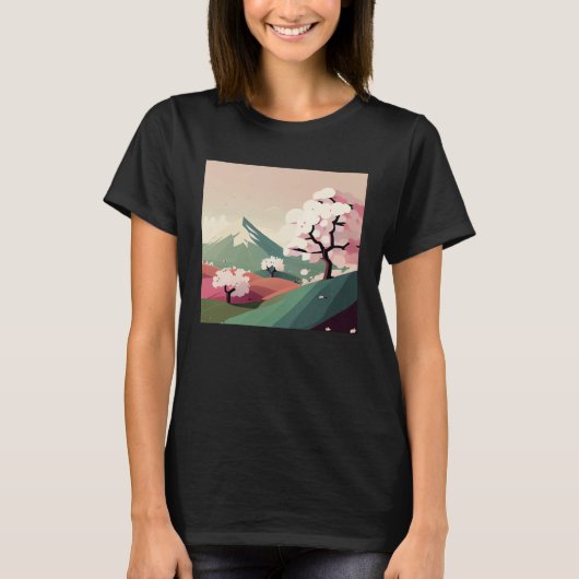 さくらんぼ咲き木ピンクの丘の雪のピーク山 Tシャツ (正面)