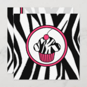 さくらんぼ招待状付きカップケーキ – Zebra Print /Pink 招待状 (正面/裏面)