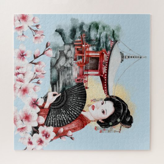 さくらんぼ日本のパゴダ芸者ガール ジグソーパズル (横)