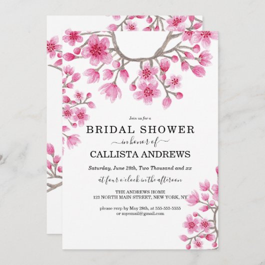 さくらんぼ日本のブロッサムフローラブライダルシャワー 招待状 (正面/裏面)