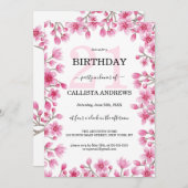 さくらんぼ日本のブロッサムフローラ縁ど誕生日 招待状 (正面/裏面)