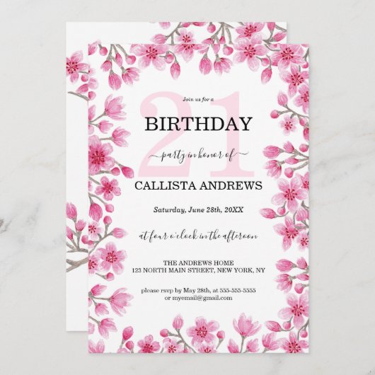 さくらんぼ日本のブロッサムフローラ縁ど誕生日 招待状 (正面/裏面)