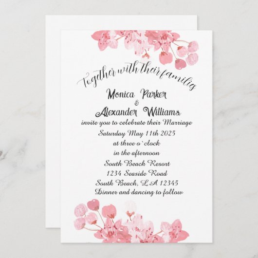 さくらんぼ日本の桜ピンクの花 招待状 (正面/裏面)