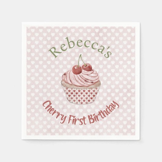 さくらんぼ最初の誕生日コケット水の色カップケーキ スタンダードカクテルナプキン (正面)
