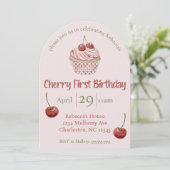 さくらんぼ最初の誕生日水の色コケットカップケーキ 招待状 (スタンド正面)