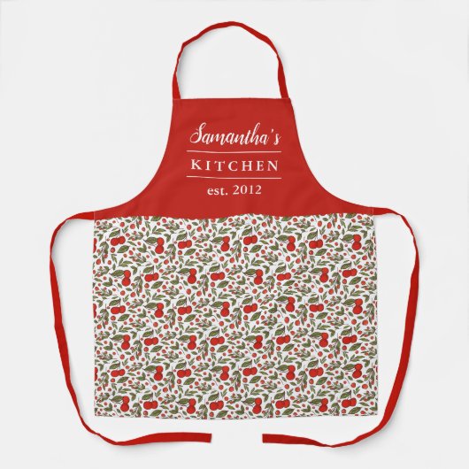 さくらんぼ果実パターかわいらしンモダンレッド名 エプロン (正面)