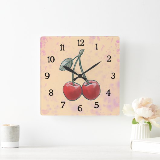 さくらんぼ水色ピンクフルーツ スクエア壁時計 (ホーム)