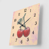 さくらんぼ水色ピンクフルーツ スクエア壁時計 (傾斜)