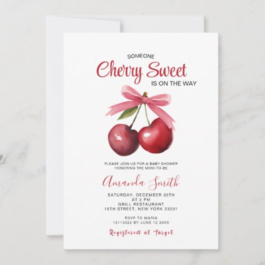 さくらんぼ甘い弓が途中の赤ちゃんシャワー 招待状 (正面)