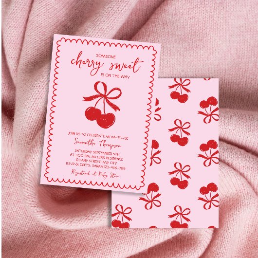 さくらんぼ甘エレガントい手描きベビーガールシャワー 招待状