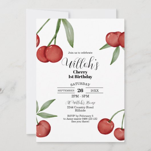 さくらんぼ第1の誕生日招待状夏のさくらんぼ 招待状 (正面)