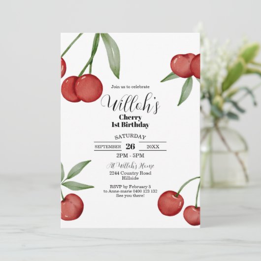 さくらんぼ第1の誕生日招待状夏のさくらんぼ 招待状 (スタンド正面)