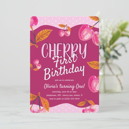 さくらんぼ第1誕生日お洒落第1誕生日 招待状 (スタンド正面)