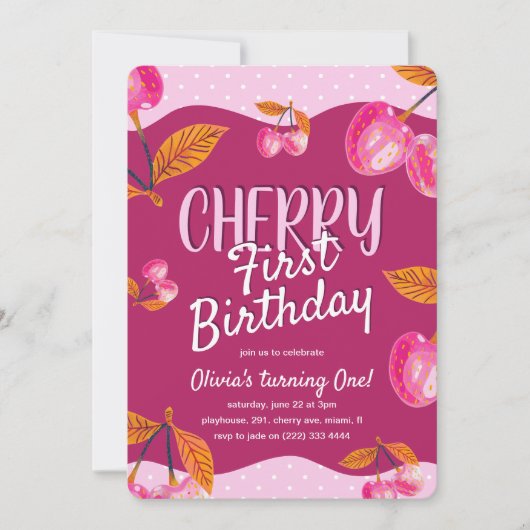 さくらんぼ第1誕生日お洒落第1誕生日 招待状 (正面)