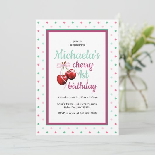 さくらんぼ第1誕生日水玉模様テーマ 招待状 (スタンド正面)