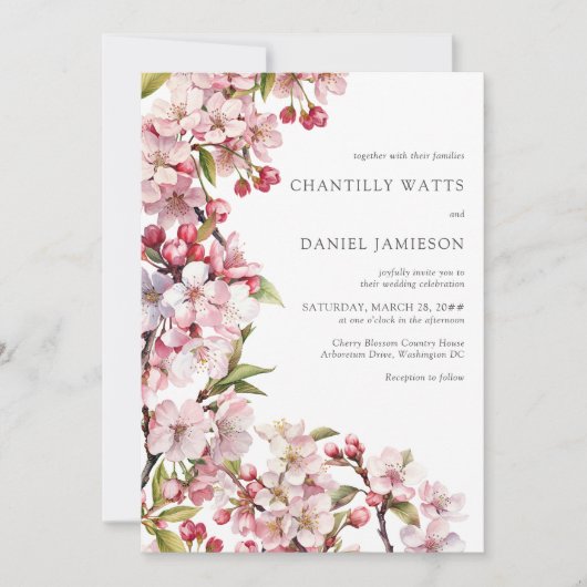 さくらんぼ結婚のピンクフローラ写真 招待状 (正面)