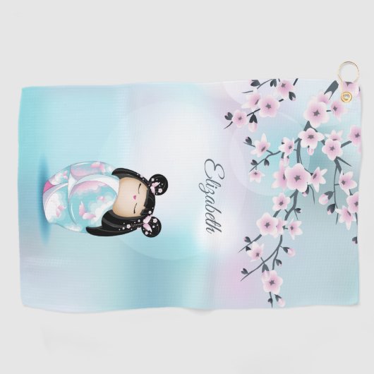 さくらんぼ花こけし人形ピンクターコイズ名 ゴルフタオル (横)