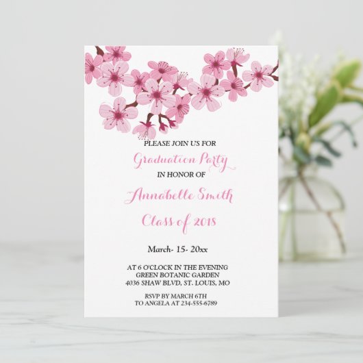 さくらんぼ花のピンクホワイトフローラ卒業パーティー 招待状 (スタンド正面)