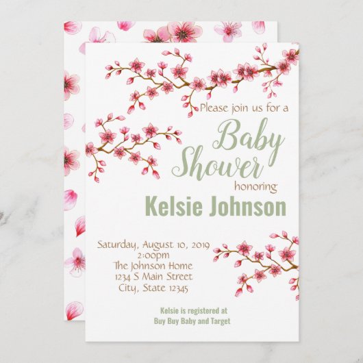 さくらんぼ花のベビーシャワー 招待状 (正面/裏面)