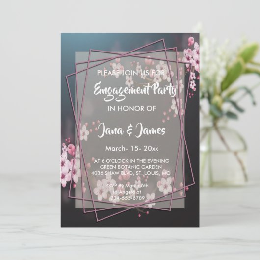 さくらんぼ花の幾何学的フローラ婚約 招待状 (スタンド正面)