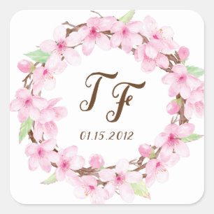 さくらんぼ花の水彩結婚式用シール スクエアシール