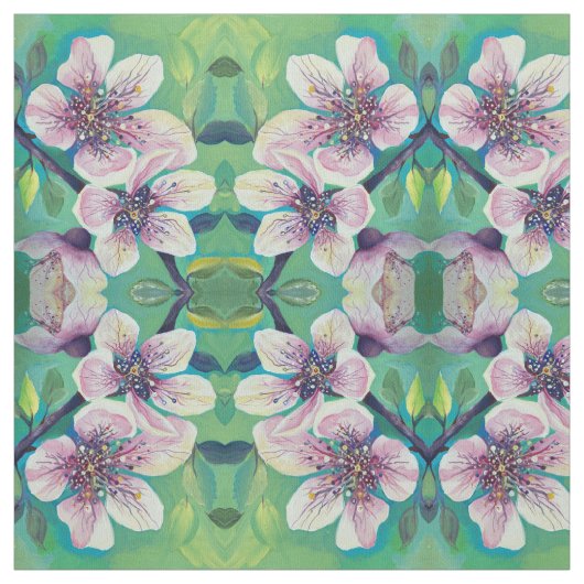 さくらんぼ花の花の手の絵を描水色 ファブリック (見本)