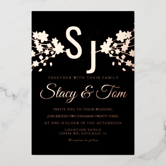 さくらんぼ花アンパサンド圧搾ブラック 箔招待状 (正面)