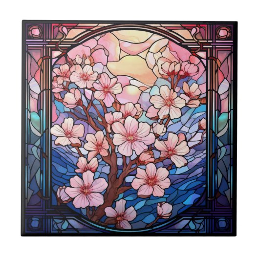 さくらんぼ花ステンドグラス陶磁器タイル タイル (正面)