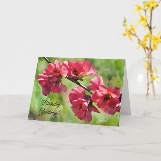 さくらんぼ花ズウォーターカラーアート誕生日 カード (黄色い花)