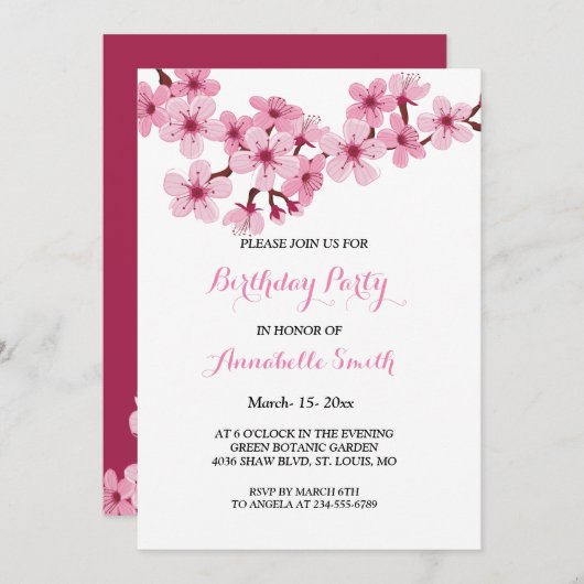 さくらんぼ花ピンクホワイトフローラ誕生会 招待状 (正面/裏面)