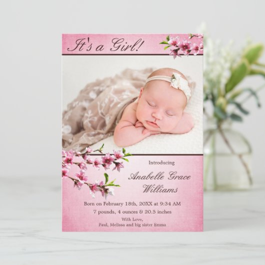 さくらんぼ花ピンク写真誕生のお知らせ 案内状 (スタンド正面)