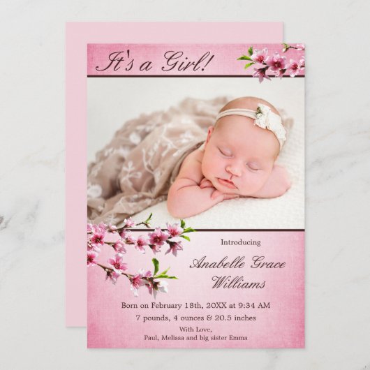 さくらんぼ花ピンク写真誕生のお知らせ 案内状 (正面/裏面)