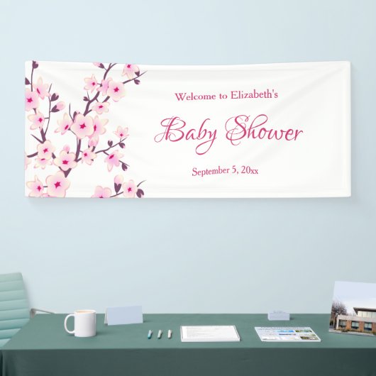 さくらんぼ花ピンク白 |赤カスタムちゃんシャワー 横断幕 (トレードショー)