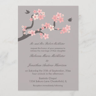 さくらんぼ花ピンク/グレー結婚式招待状 招待状