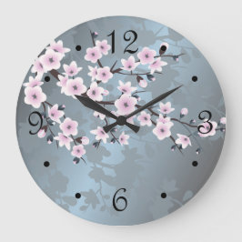 さくらんぼ花フローラほこりっぽいピンクの青の数 ラージ壁時計
