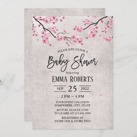 さくらんぼ花ヴィンテージフローラ赤ちゃんシャワー 招待状 (正面/裏面)